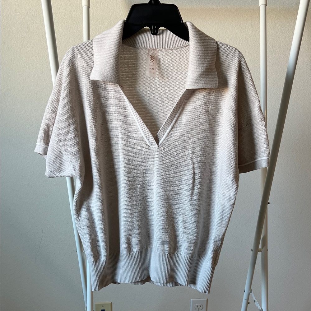 RHÔNE Cream Short Sleeve Collared Sweater